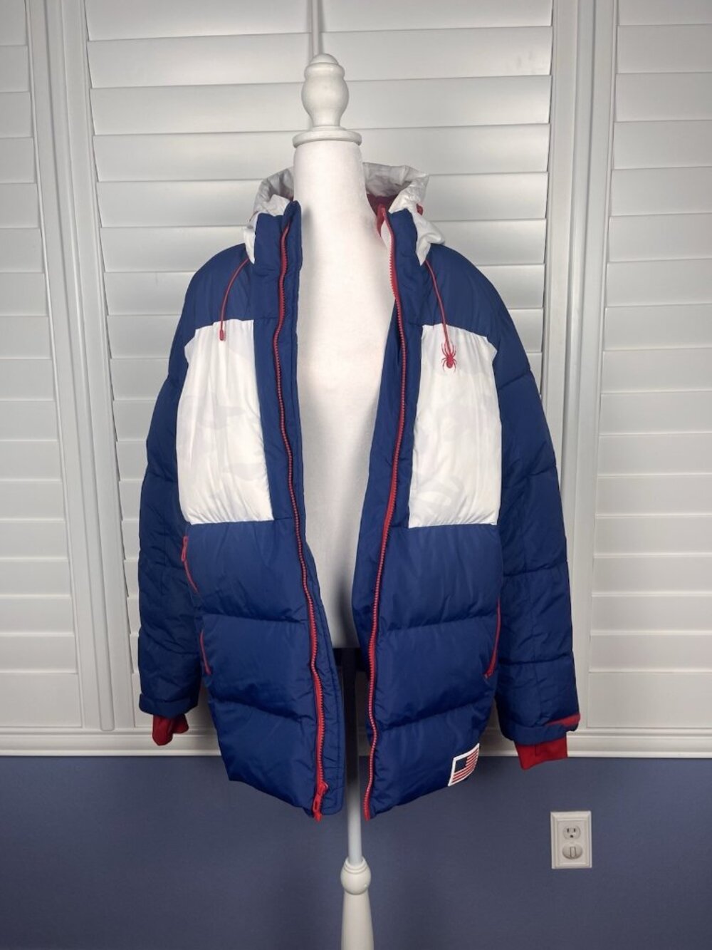 Spyder Men’s M Thermoweb Blue White Red Hooded Puffer Ski Jacket USA
